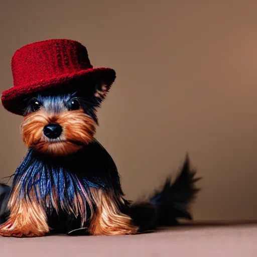 Prompt: a closeup photorealistic smiling knitted plush yorkshire terrier wearing a fedora hat.