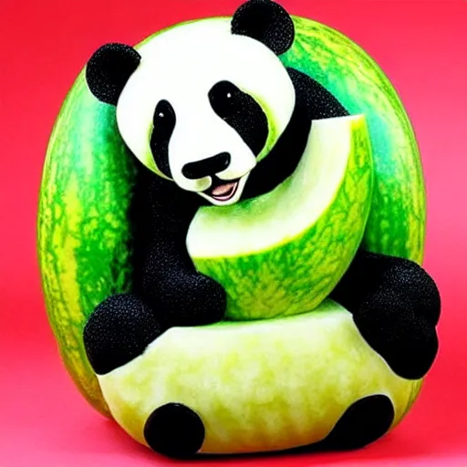 Image similar to watermelon carved to reveal a panda. the green watermelon rind defines its feet. the red flesh of the watermelon forms its body.