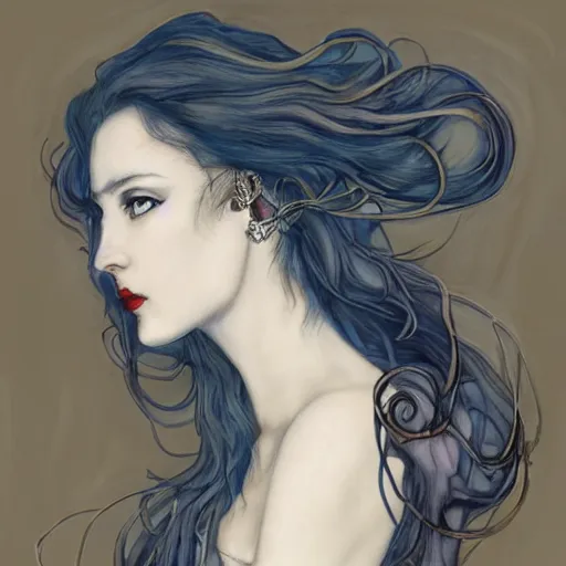 Prompt: character concept portrait of a beautiful woman with pale full face, medusa, headful of snakes, arthur rackham, blue / grey eyes, elegant, digital painting, art nouveau, smooth, focus, red glow