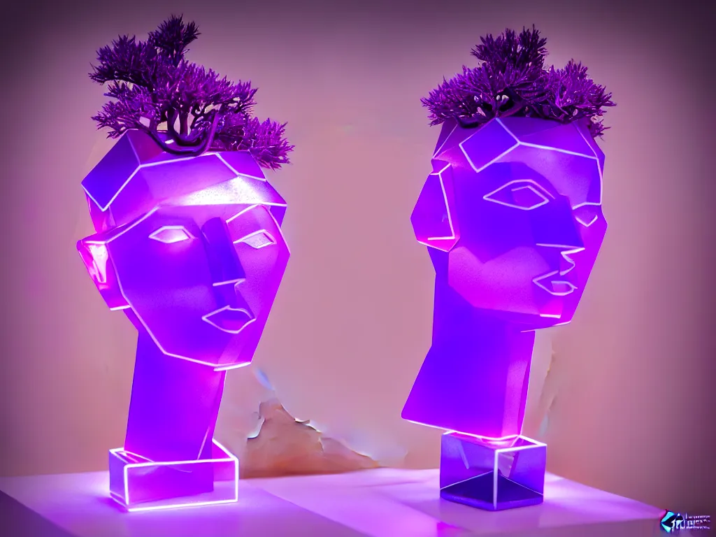 Image similar to beautiful mannequin sculpted out of amethyst by billelis + lit with purple 3 d geometric neon + chrome geometric cubed bonsai plants!!!!, doorway opening with neon pink geometric light, clean linework, dramatic, finely detailed, rule of thirds, moody, confident, award winning, 4 k, trending on artstation, photorealistic, volumetric lighting, octane render