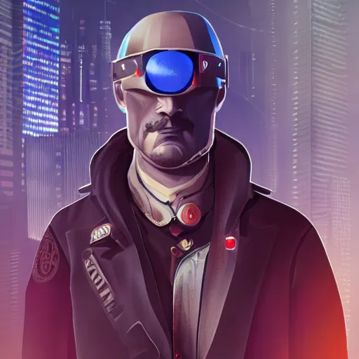 Image similar to cyberpunk anastas mikoyan as the leader of a futuristic communist nation, cybernetics, sharp lines, digital, artstation, colored in