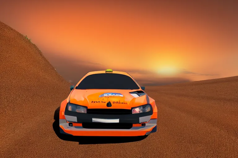 Image similar to far away rally car on the dirt road, extremely detailed digital art, sunset, orange gradient, 8k