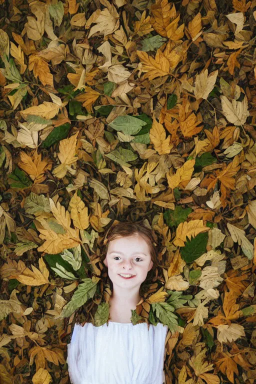 Image similar to a portrait of a girl wearing a dress made up of leaves