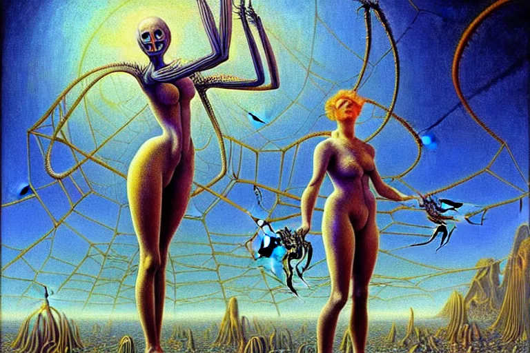 Prompt: realistic extremely detailed portrait painting of a fully dressed woman with a giant spider, futuristic sci-fi landscape on background by Jean Delville, Amano, Yves Tanguy, Ernst Haeckel, Edward Robert Hughes, Roger Dean, rich moody colours, blue eyes