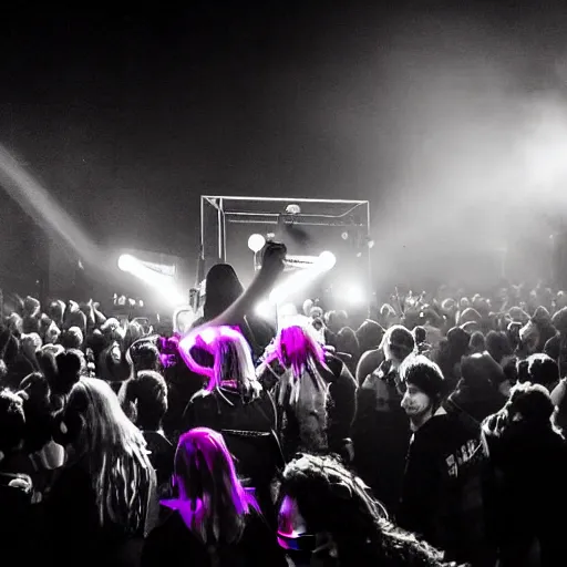 Image similar to scandy and arender playing a live gig at night time with masks on, beautiful girls, colored lights, stroboscope, heavy fog machine, no faces visible, outdoor rave, techno, huge crowd on drugs, ecstatic crowd, photorealistic photography