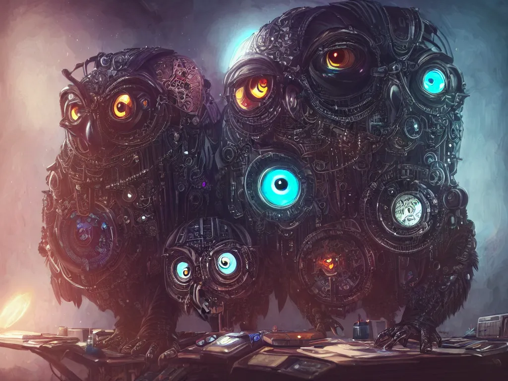 Image similar to an giant evil, malevolent, cyborg owls looking at a computer, surrounded by computer screens. steampunk, intricate, elegant, fantasy, highly detailed, digital painting, concept art, sharp focus, illustration, beautiful lighting, epic light, artstation, colorful, dramatic