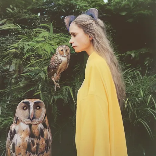 Image similar to head to shoulder portrait Polaroid film photograph of an elegant top model wearing a yellow kimono with a very detailed barn owl on her shoulder!!! in a tropical greenhouse. looking at the camera!!. super resolution. Polaroid 600 film. art by Alessio albi and john william waterhouse .