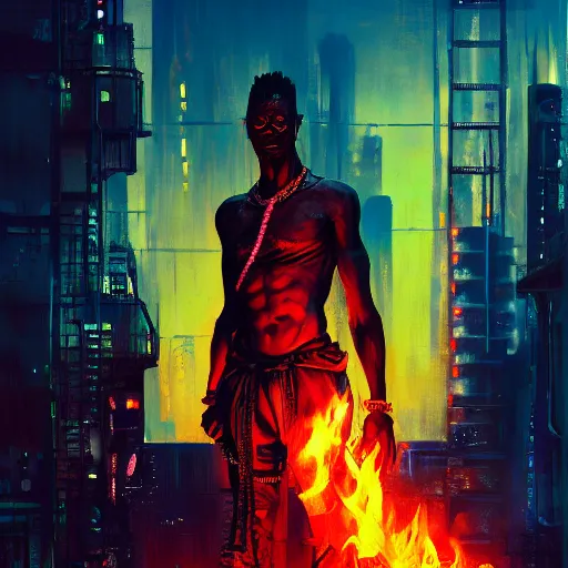 Prompt: shaka zulu as a cybperpunk gangster, eating fire in the neon ghetto, by greg rutkowski and android jones in a surreal portrait style, cyberpunk, oil on canvas, 8k