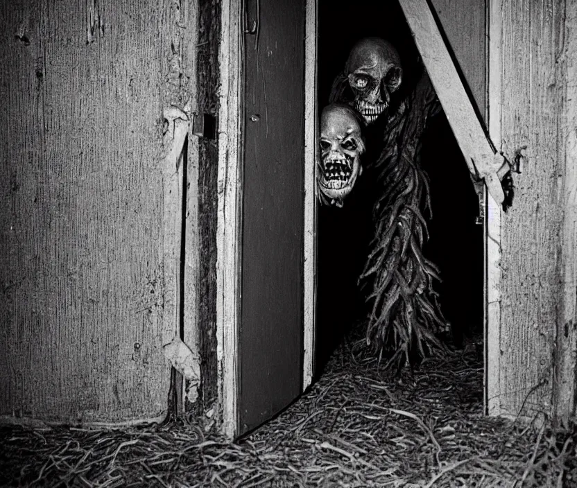 Prompt: an sinister photo of creepy abomination crawling out of dark basement door, omnious atmosphere