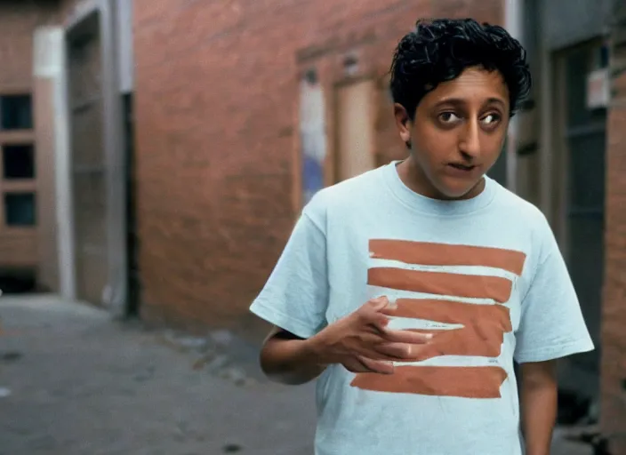 Prompt: First Official image from Cardboard, new drama film directed by Spike Jonze starring Tony Revolori as a Philadelphia b-boy in 1990 at dawn, shot on Kodak Vision 200T, stunning cinematography, light diffusion, film grain, 8k print.