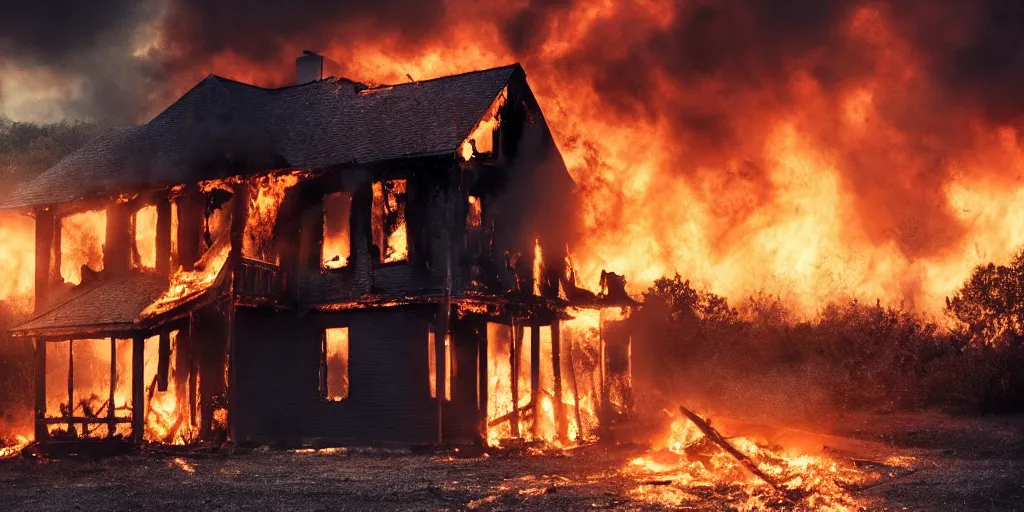 Prompt: house on fire, cinematic, dramatic, atmospheric, realistic