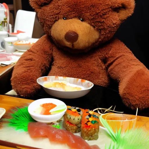 Image similar to teddy bear eating sushi