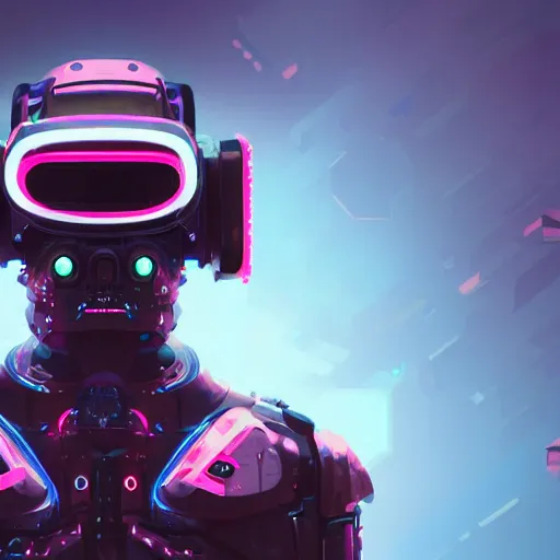 Prompt: cyberpunk concept cool warrior bot, cinema 4 d, galaxy, ufo, space sci - fi, wearing vr goggles, illustration, portrait, pastel neon textured background night, trending on artstation, greg rutkowski, octane rendered, 1 2 k, detailed,