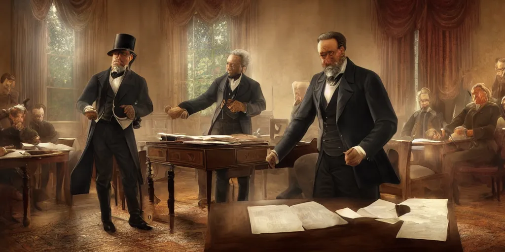 Prompt: five score years ago, a great american, in whose symbolic shadow we stand today, signed the emancipation proclamation. ultrafine colored illustration, hyperrealistic, cinematic atmosphere, intricate linework, sharp focus, octopath traveler, final fantasy, unreal engine highly rendered, global illumination, radiant light, intricate environment