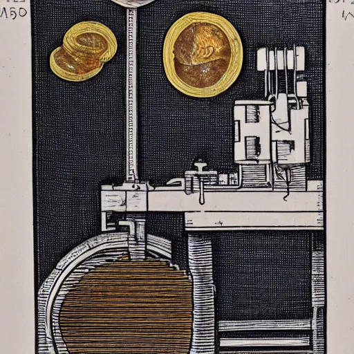 Prompt: a stream of water entering a machine made from organs and producing a coin in the style of Francis Bacon, 8k