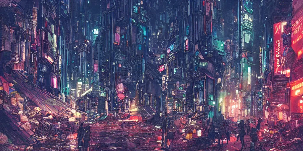 Image similar to futuristic cyberpunk city, trash in street, dark tall people, night, colored neons, video screens, street lights, cinematic, illustration by moebius and enki bilal