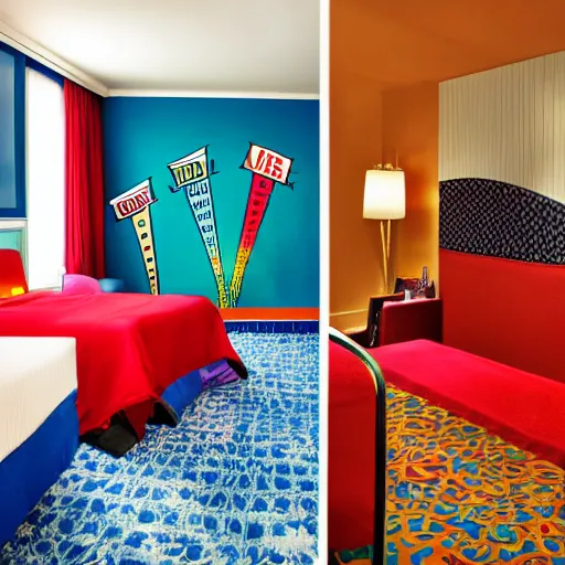 Prompt: photography of theme park hotel room themed to retro new york city motif. bed has new york city blankets. wall has new york city pattern. furniture has new york city motif. furniture is shaped like new york city. carpet has new york city subway map design. lighting has retro new york