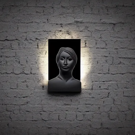 Prompt: three dimensional illusion portrait sticking out of a wall. black marble. cast iron. human. candle light