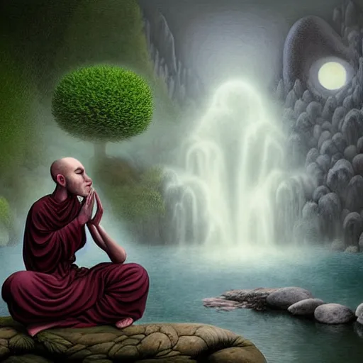 Image similar to an anthromorphic wolf monk character, meditating in a zen garden with a waterfall under the blood moon, by Adi granov and afarin sajedi and amanda sage and evgeni gordiets and Agostino Arrivabene and adonna khare in a psychedelic portrait style, ultrarealistic matte painting, volumetric lighting, fractal, extremely symmetrical, highly detailed face, orisha, 8k, hd