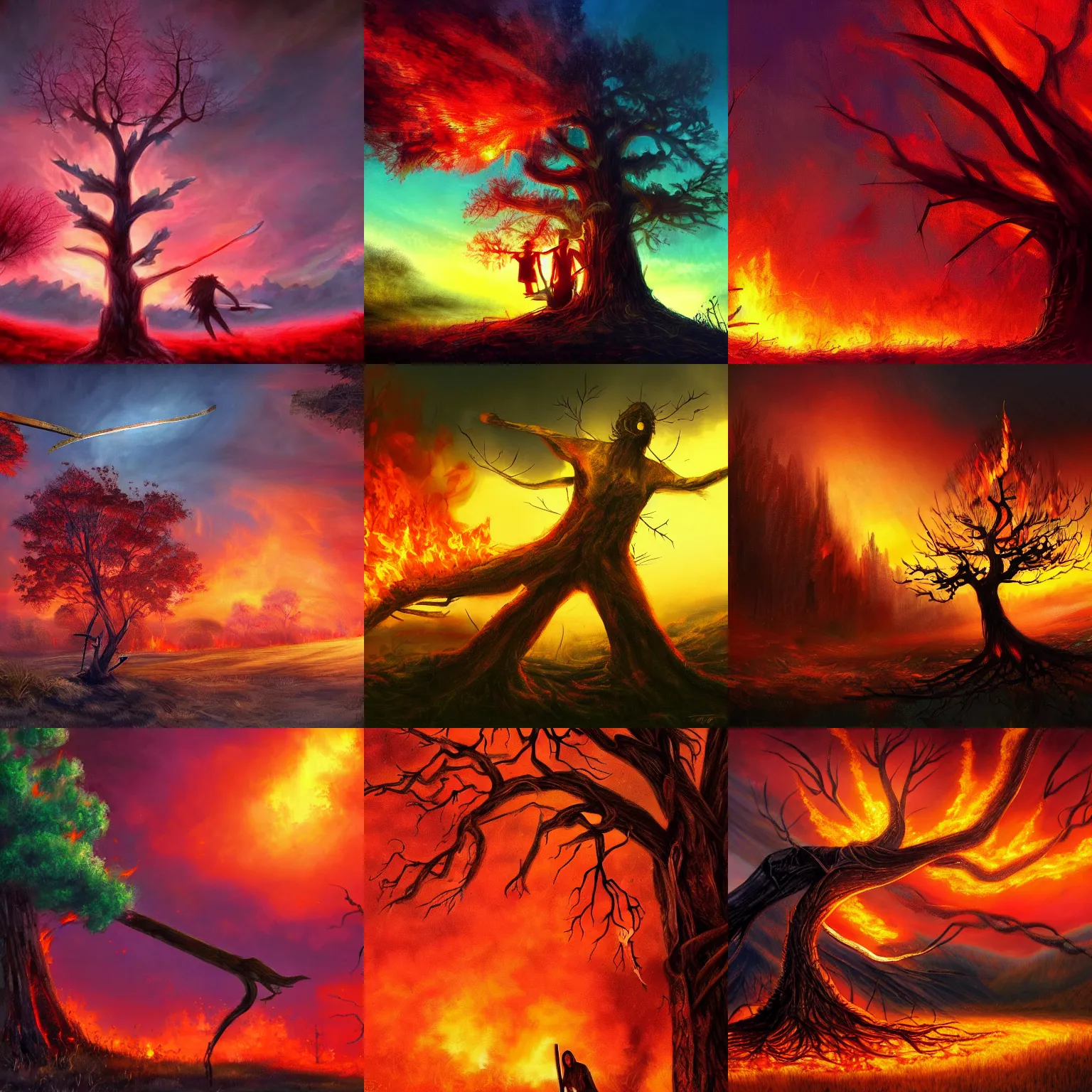 Prompt: machete wielding tree on fire, fantasy art, fantasy art wallpaper, brightly lit, red sky