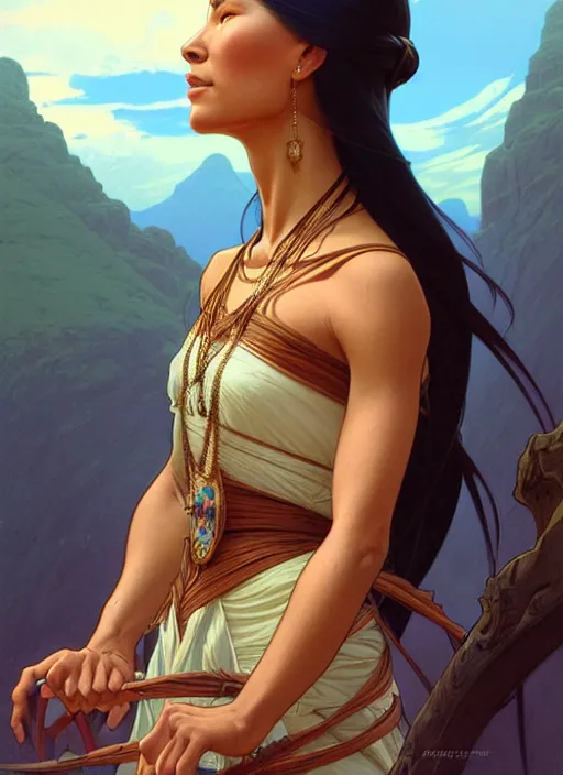 Prompt: portrait of pocahontas, intricate, elegant, highly detailed, my rendition, digital painting, artstation, concept art, smooth, sharp focus, illustration, art by artgerm and greg rutkowski and alphonse mucha and uang guangjian and gil elvgren and sachin teng, symmetry!!