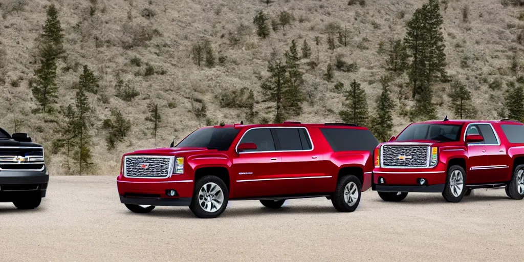 Prompt: Extreme long shot, clean single, a red SUV designed from a 2014 Chevrolet Suburban and 2013 GMC Sierra