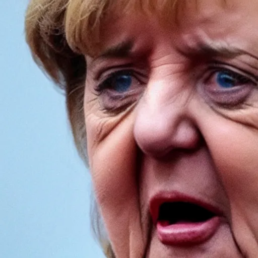 Prompt: face closeup of angela merkel screaming in emotional pain