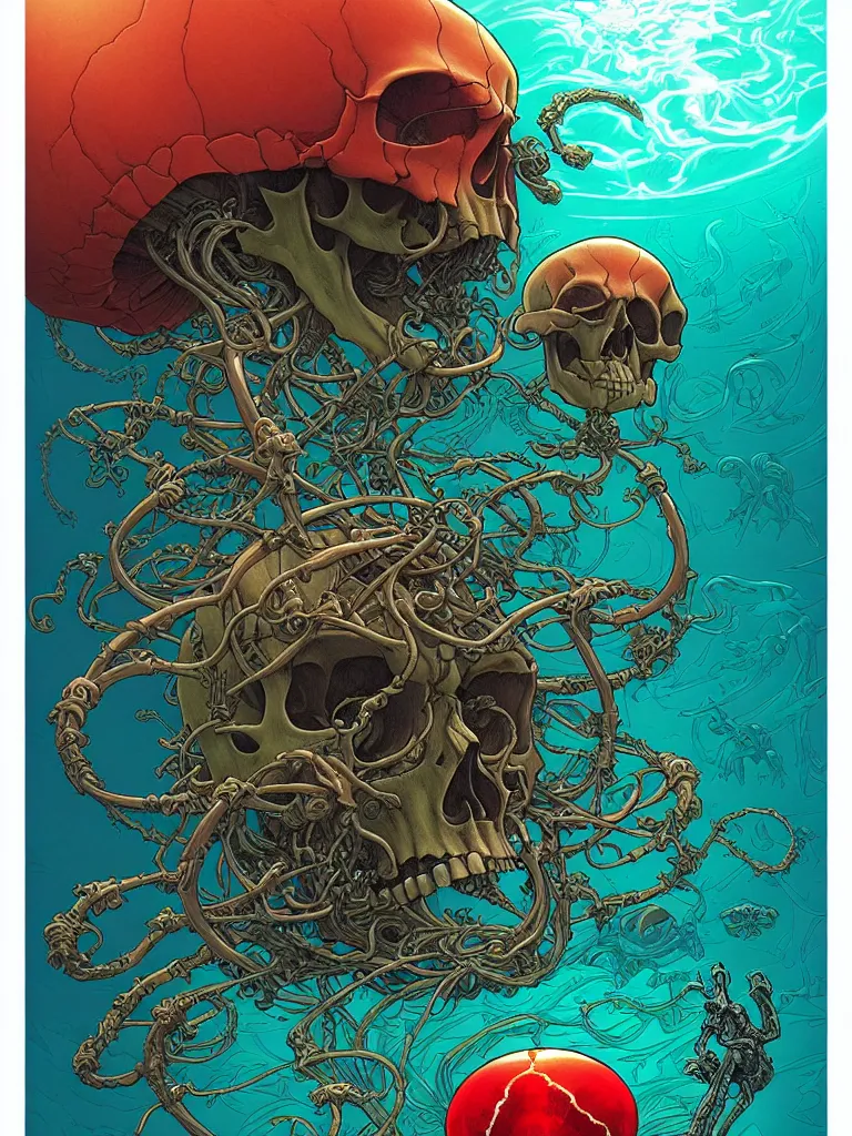 Prompt: a single skull in the sea by josan gonzalez and dan mumford and greg hildebrandt and donato giancola and raymond swanland and ross tran and william - adolphe bouguereau, glowing red skull, blue jellyfish, green water, highly detailed, high contrast, intricate details, blended palette