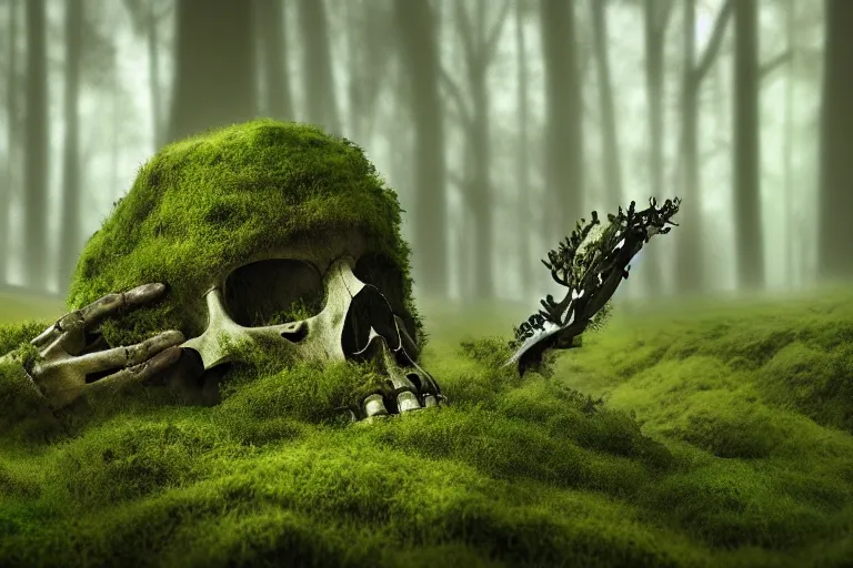 Prompt: human skeleton behind computer overgrown with moss, in forest, dark atmosphere, fantasy illustration, digital art