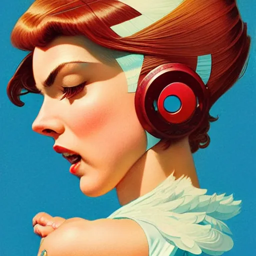 Image similar to head and shoulders portrait of a female Megaman, illustration, medium shot, intricate, elegant, highly detailed, digital art, ffffound, art by gil elvgren and JC Leyendecker and sachin teng
