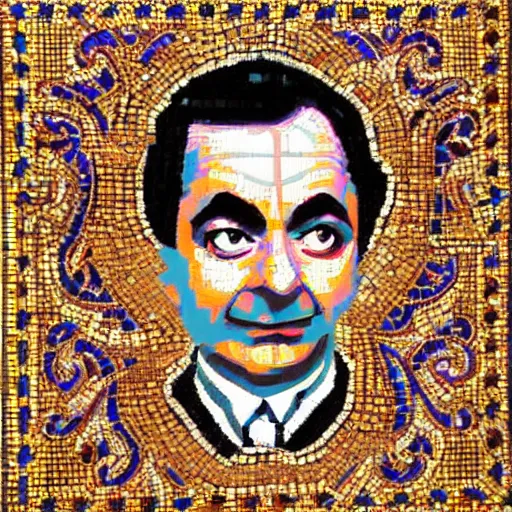 Image similar to a highly detailed ornate and intricate Persian mosaic of Mr. Bean!, gold and cobalt tiles