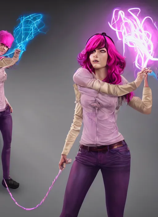 Prompt: An epic fantasy comic book style portrait painting of a young woman, with a wavy short pink hair and pink fedora hat, wearing a light pink jacket with a dark blue tie, purple gloves and blue jeans shorts and white shoes. She is holding blue neon strings tied on her hand, Unreal 5, DAZ, hyperrealistic, octane render, cosplay, RPG portrait, dynamic lighting