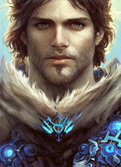 Image similar to A Human Male Paladin, detailed face, glowing white eyes, blue flames surrounding, shaggy hair, scruffy beard, medium armor, wings, fantasy, intricate, elegant, highly detailed, digital painting, artstation, concept art, smooth, sharp focus, illustration, art by Krenz Cushart and Artem Demura and alphonse mucha