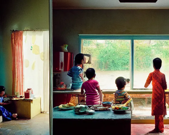 Prompt: A mother cooking food in her Indian suburban home, two kids playing outside are visible from the window. Photograph by Gregory Crewdson and Wes Anderson, shot on a large format film camera, 8K