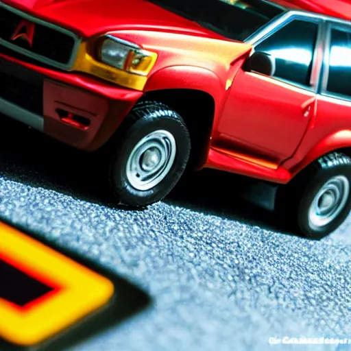 Image similar to 3 5 mm photo of metallic red aztek car like hot wheels model in area 5 1 as background