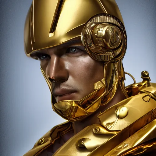 Image similar to studio portrait of lawful good gold man holy mecha paladin absurdly handsome, elegant, handsome man, ultrafine hyperrealistic detailed face illustration by kim jung gi, irakli nadar, intricate linework, sharp focus, bright colors, matte, octopath traveler, final fantasy, unreal engine highly rendered, global illumination, radiant light, intricate environment