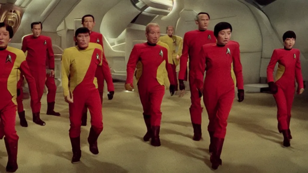 Image similar to giant monsters made of bananas killing crew wearing red on star trek, film still from a movie directed by Denis Villeneuve star trek with art direction by Salvador Dalí, wide lens