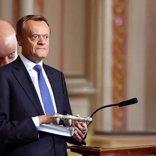 Prompt: Donald Tusk in Pope\'s Outfit during a Speech in the Senate on Coruscant