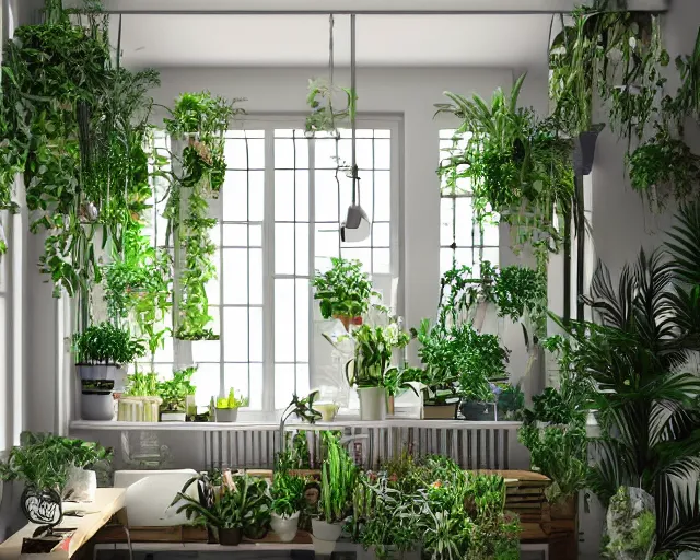 Image similar to Amazing painting of a room interior with lots of houseplants and fresh flowers, hyper-realistic, detailed, trending on Artstation