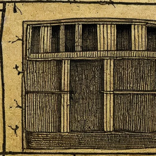 Prompt: medieval high detailed drawing of a jail made by a pen on an antique map paper