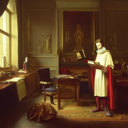 Image similar to james i of england reading a letter in his private study 4 k, concept art, by wlop, ilya kuvshinov, artgerm, krenz cushart, greg rutkowski, pixiv. cinematic dramatic atmosphere, sharp focus, volumetric lighting, cinematic lighting, studio quality