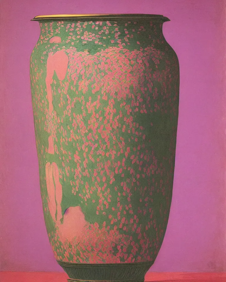 Prompt: achingly beautiful print of intricately painted ancient greek krater on a pink background by rene magritte, monet, and turner.