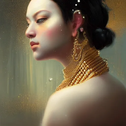 Image similar to a beautiful portrait of a pearl goddess with glittering skin, a detailed painting by greg rutkowski and raymond swanland, featured on cgsociety, fantasy art, detailed painting, artstation hd, photorealistic