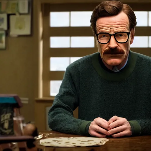 Image similar to Bryan Cranston dressed up as Ned Flanders for The Simpsons Live Action Movie film still, 4k resolution, 8k resolution, HD Quality, highly detailed, very detailed, detailed, studio quality lighting, digital art, trending on artstation, film still