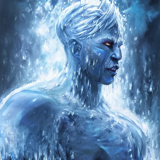 Prompt: a blue tiefling man frozen in ice and shattering into a million pieces, by Tony Sart, detailed, realistic, masterpiece, symmetrical