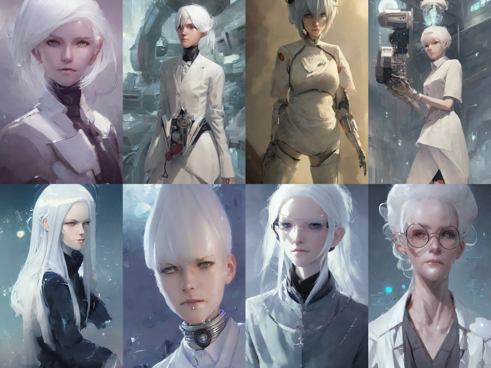 Prompt: a portrait of a white haired robot scientist girl by krenz cushart and wlop and stephan martiniere