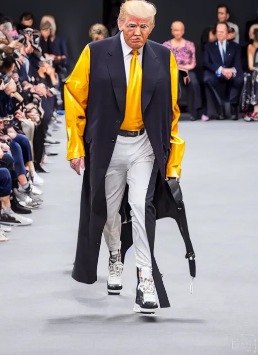 Prompt: hyperrealistic and heavy detailed Balenciaga runway show of DONALD TRUMP , Leica SL2 50mm, vivid color, high quality, high textured, real life