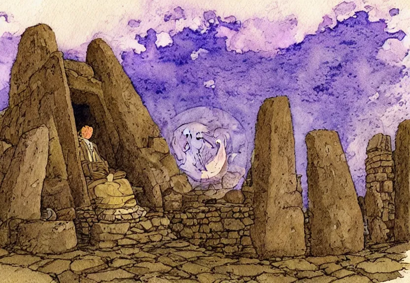 Image similar to a simple watercolor studio ghibli movie still fantasy concept art of a giant native man sitting on a tiny stonehenge in machu pichu. it is a misty starry night. by rebecca guay, michael kaluta, charles vess