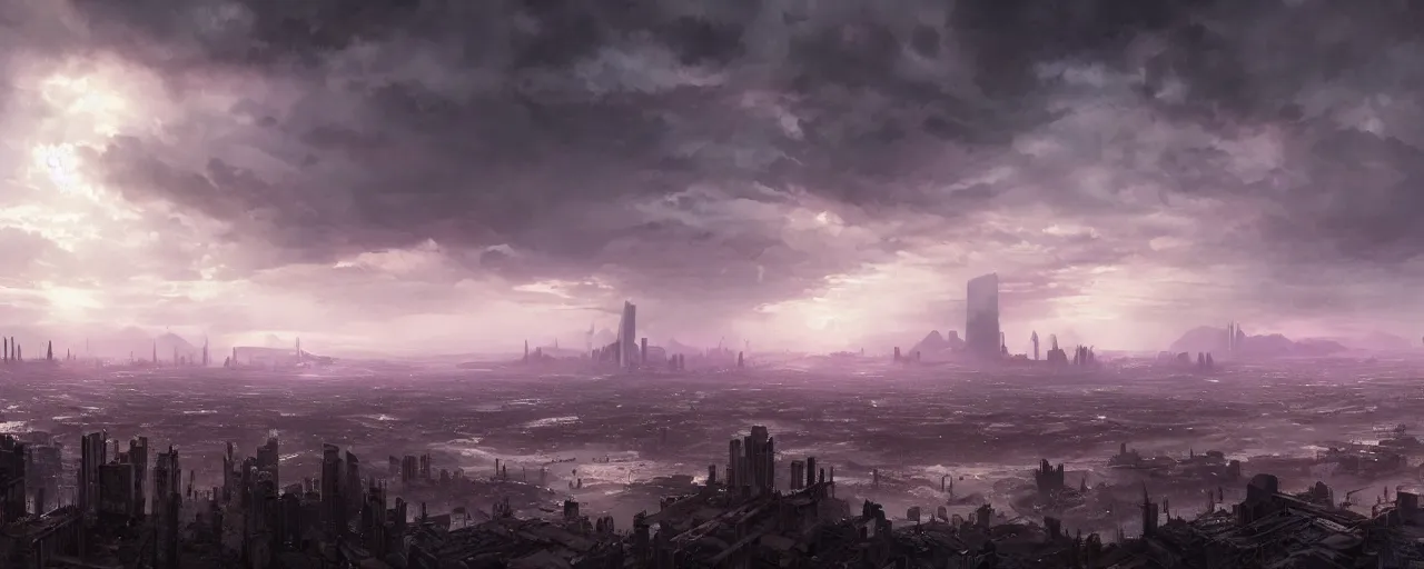 Image similar to giant megacity looming across the landscape, dystopian, post apocalyptic, the sky is purple, very detailed concept art, matte painting, digital art, concept art, realistic beautiful, trending on artstation, greg rutkowski