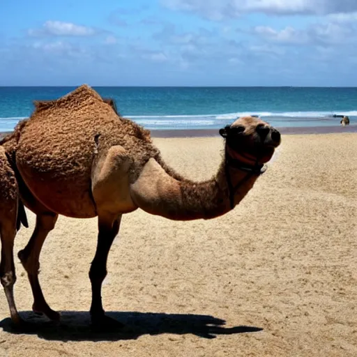 Image similar to a three legged camel at the seaside